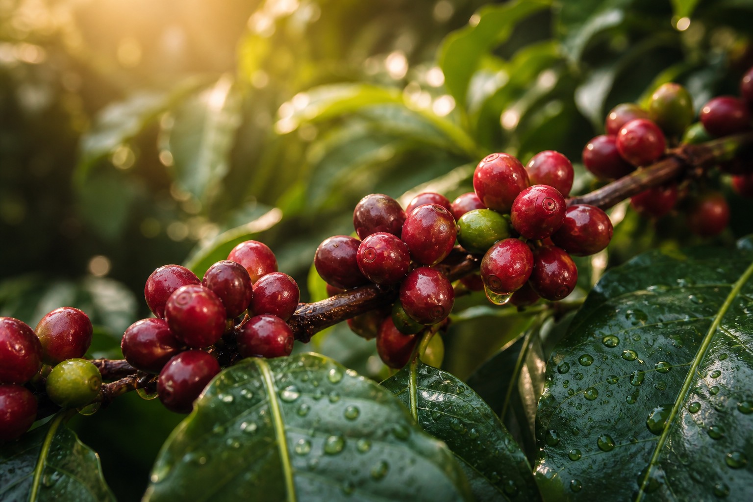 Ripe coffee cherries on a branch with morning dew