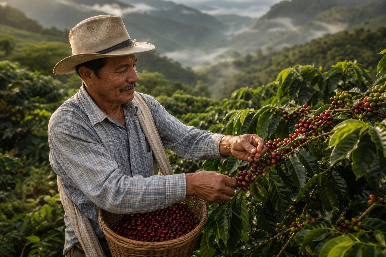 Coffee farmer harvesting ripe cherries in Costa Rica