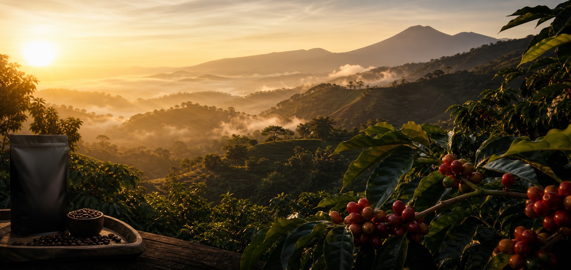 Luxury view over a Costa Rica coffee plantation at sunrise