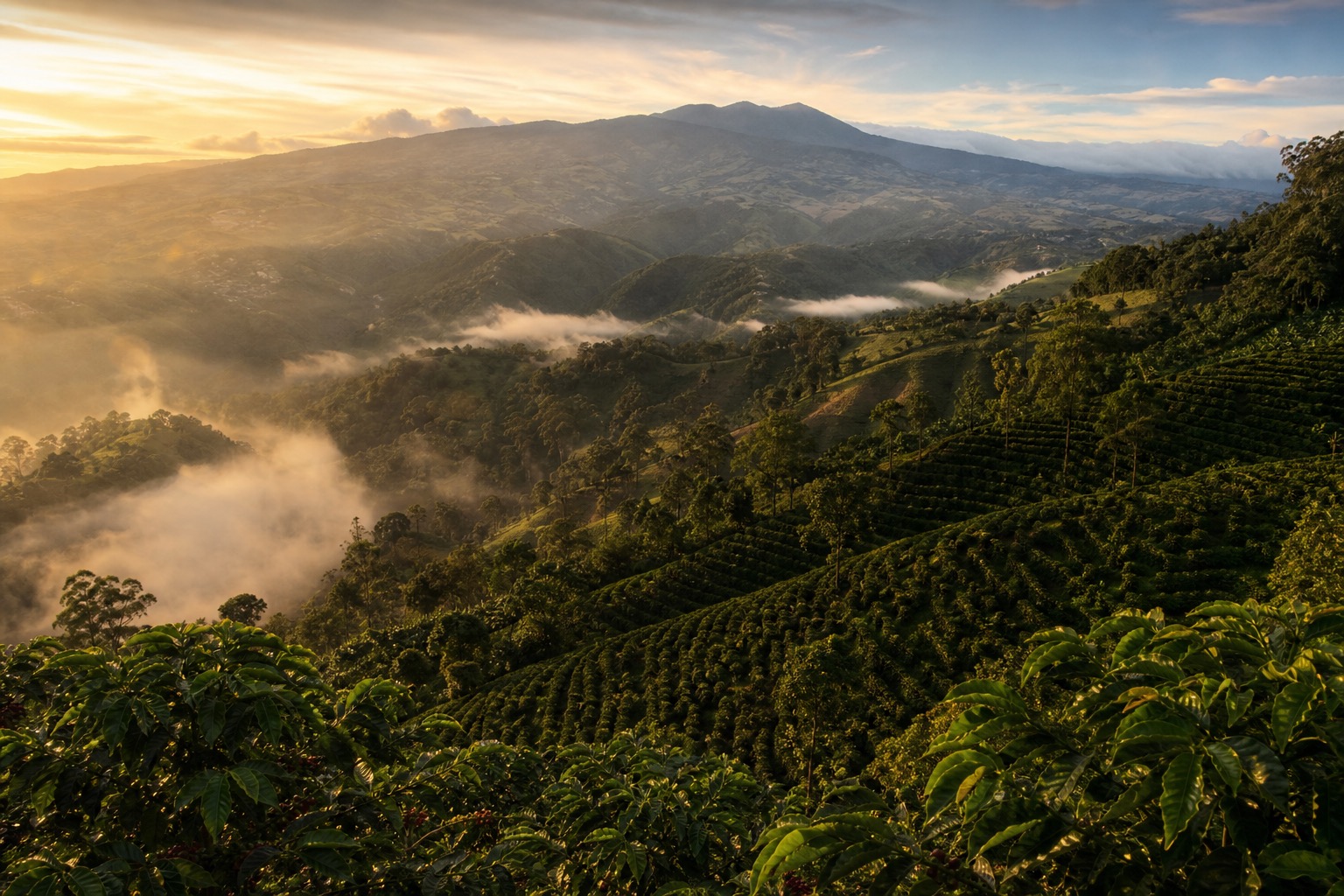 Costa Rica Tarrazu mountain coffee plantation at sunrise