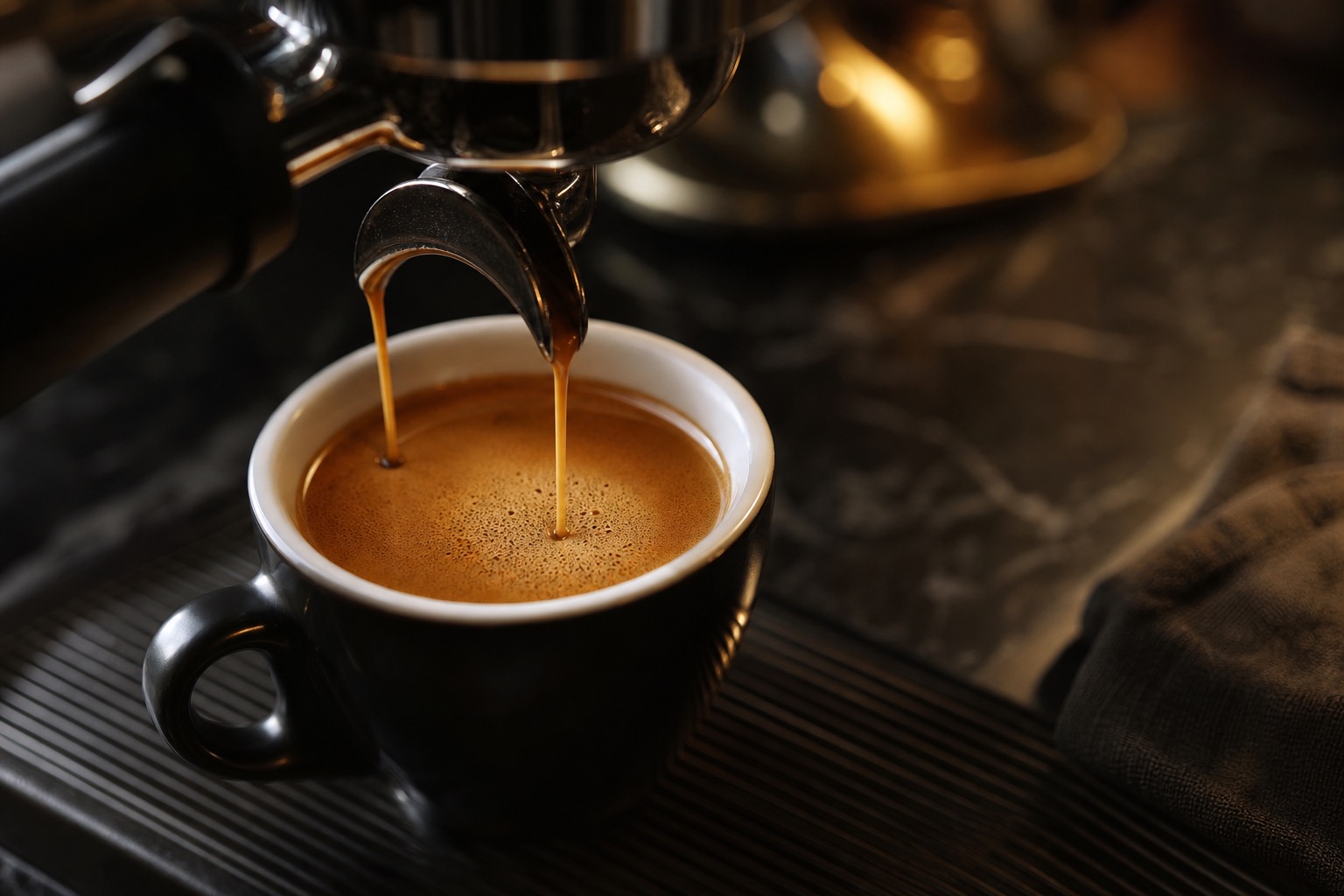 Espresso being poured into a dark ceramic cup with crema