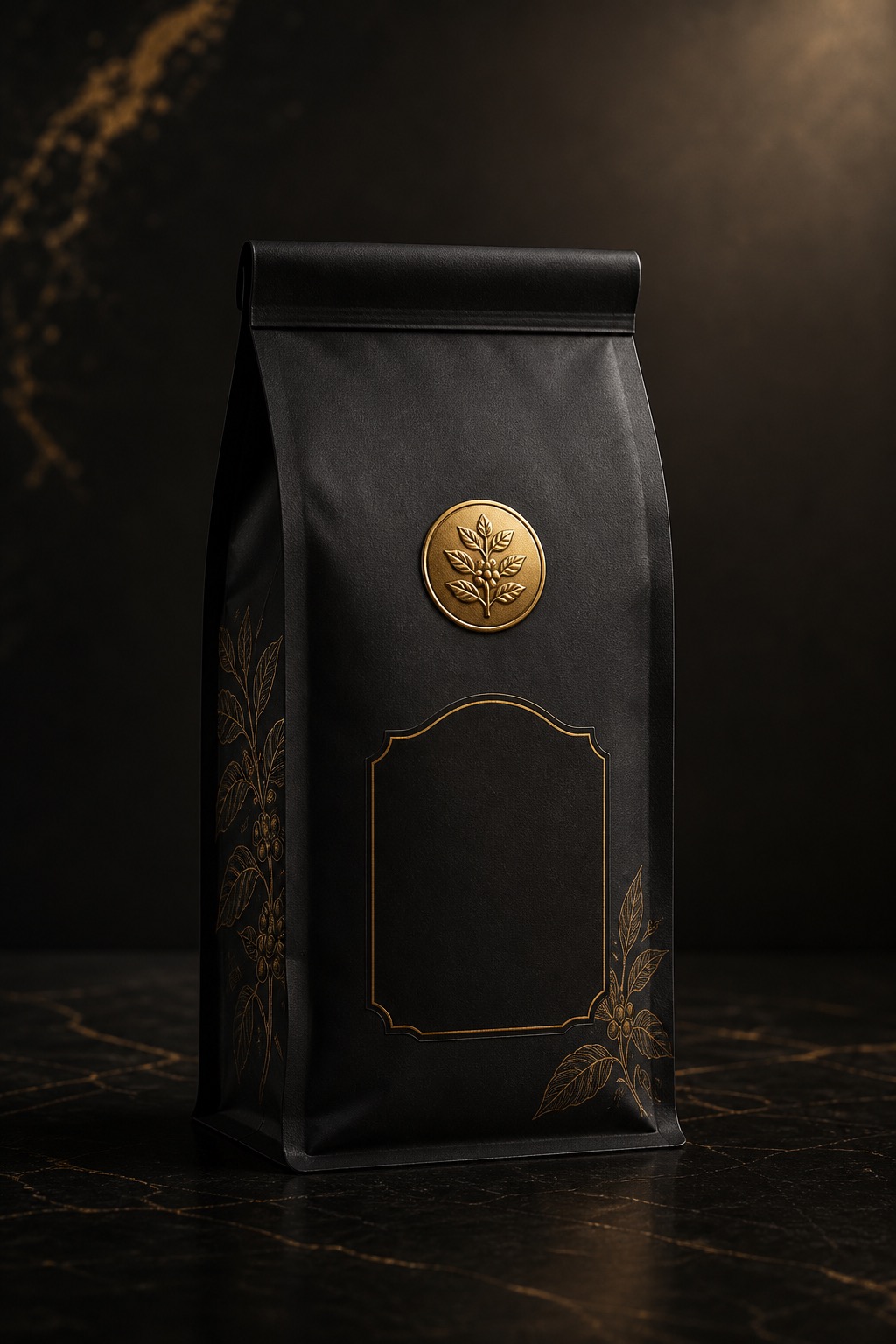 Luxury matte black coffee bag with gold detailing