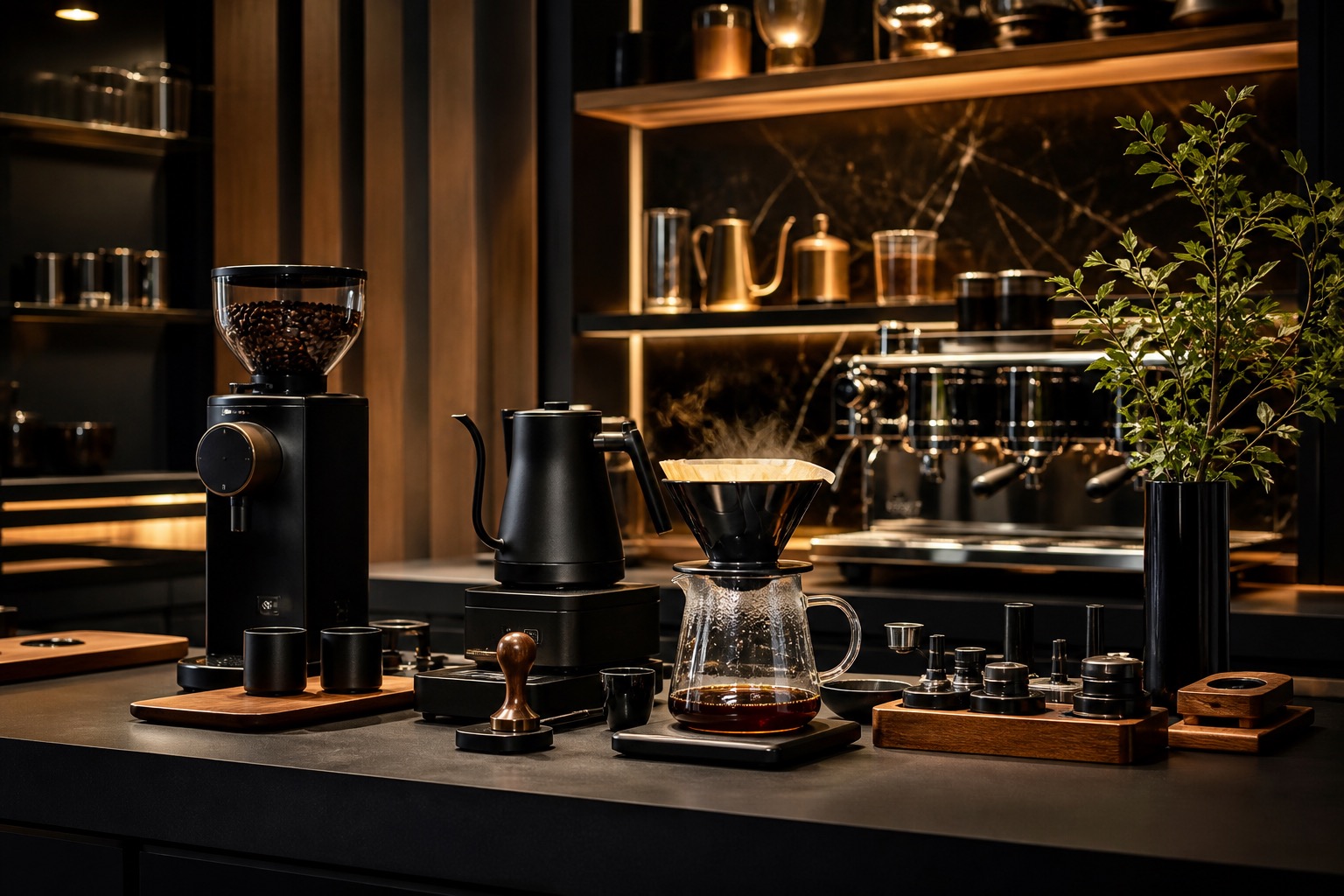 Modern premium coffee brewing station with artisan equipment