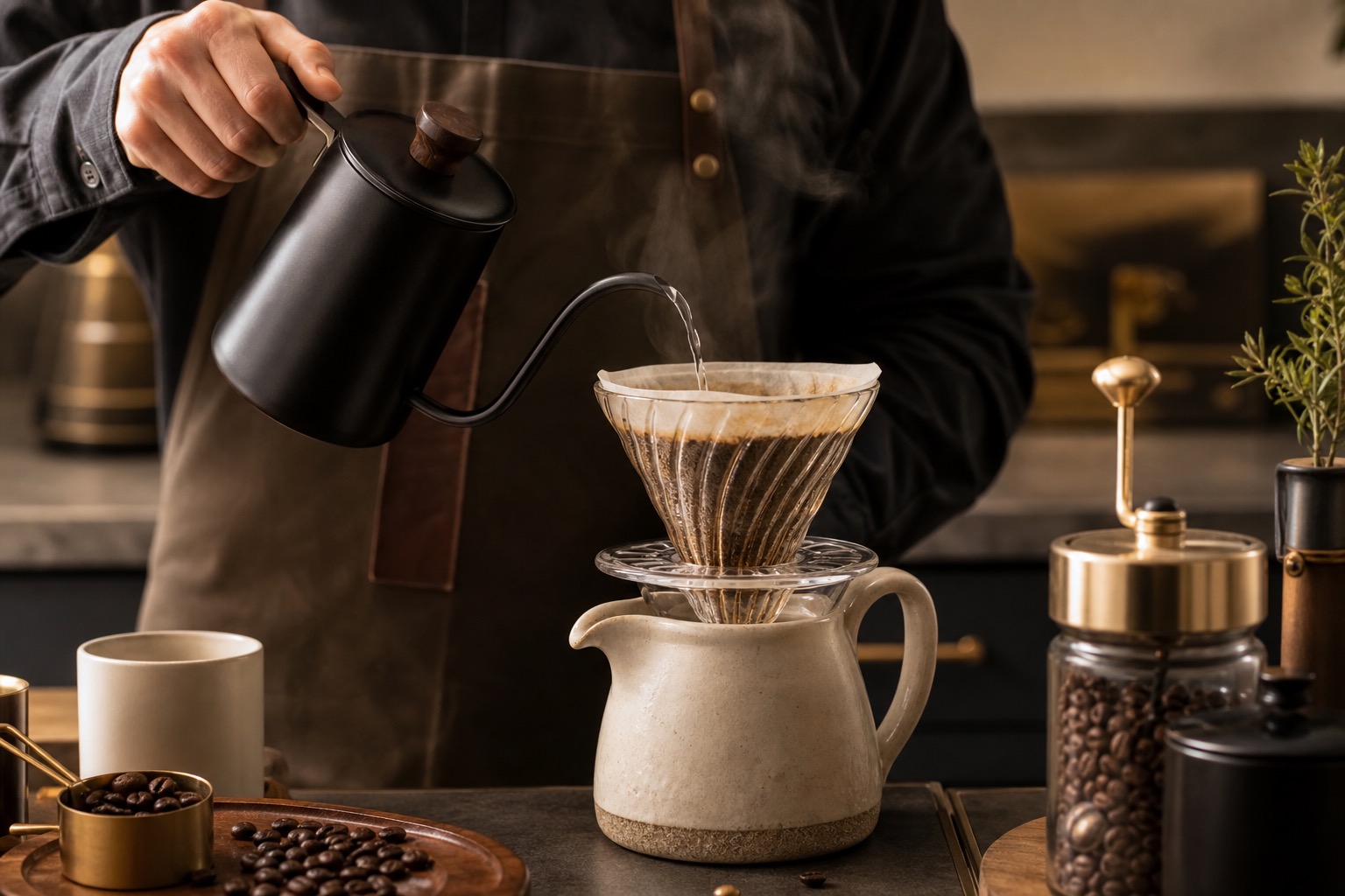 Artisan pour-over coffee being brewed by hand